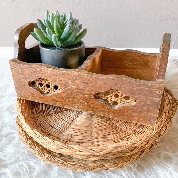 Vintage Wicker Cane and Wood Organizer Basket